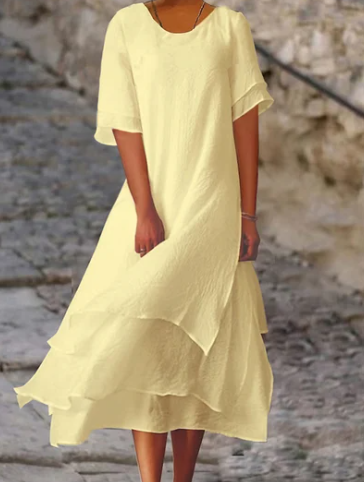 Robe à col rond à manches courtes fendues en coton et lin double épaisseur - Chloé® Paris