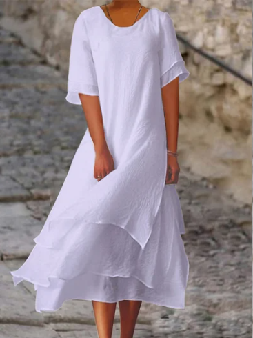 Robe à col rond à manches courtes fendues en coton et lin double épaisseur - Chloé® Paris