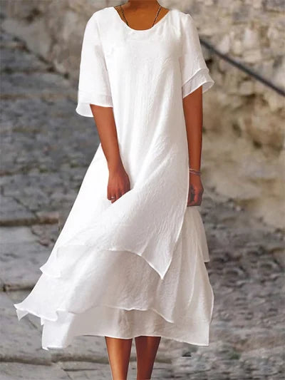 Robe à col rond à manches courtes fendues en coton et lin double épaisseur - Chloé® Paris