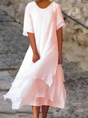 Robe à col rond à manches courtes fendues en coton et lin double épaisseur - Chloé® Paris