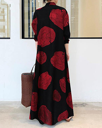 Robe longue en lin à manches longues et blocs de couleurs Imprimé Contraste Lâche Grande taille Maxi Robes