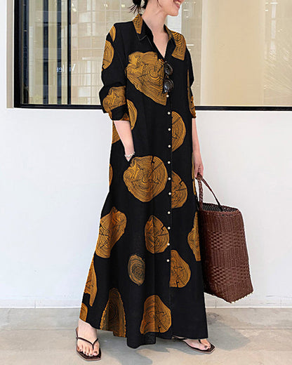 Robe longue en lin à manches longues et blocs de couleurs Imprimé Contraste Lâche Grande taille Maxi Robes